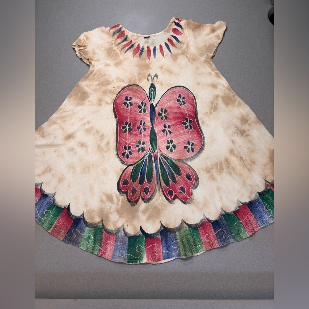 Boho Hand-Painted Tie-Dye Butterfly Midi Dress – Flowy Viscose Summer Wear